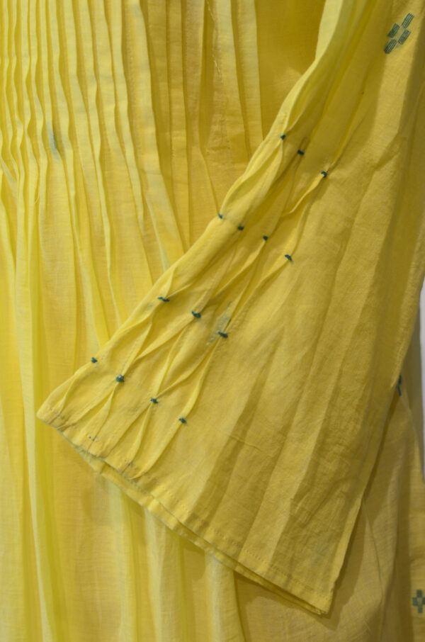 Hand spun Handwoven Pure cotton Jamdani Yellow Round Neck Dress with Lining - Image 3
