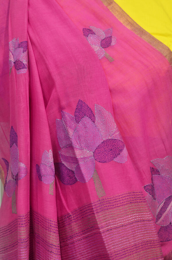 Handspun Handwoven Pink Soft Cotton Kantha Saree - Image 3