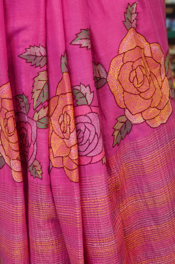 Handspun Handwoven Pink Soft Cotton Kantha Saree - Image 4