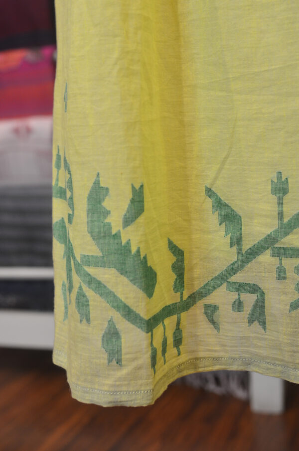 Hand spun Handwoven Pure cotton Jamdani Yellow Round Neck Dress with Lining - Image 5