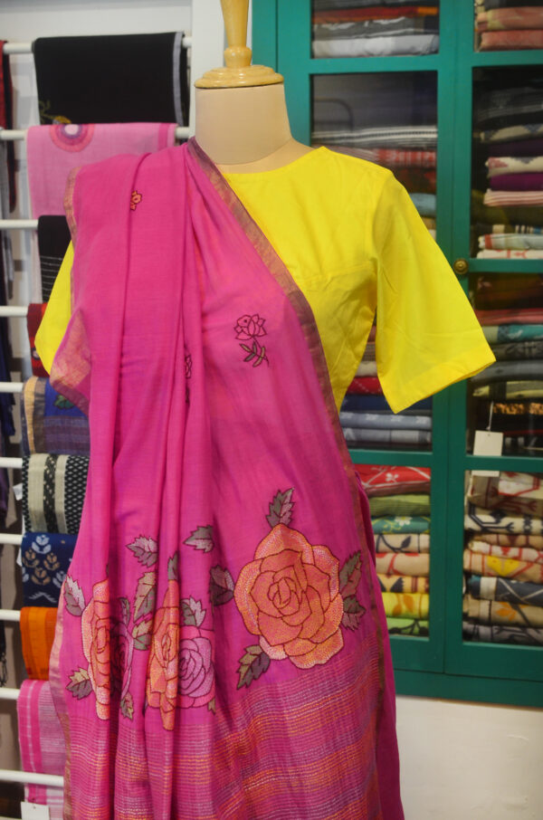 Handspun Handwoven Pink Soft Cotton Kantha Saree - Image 5