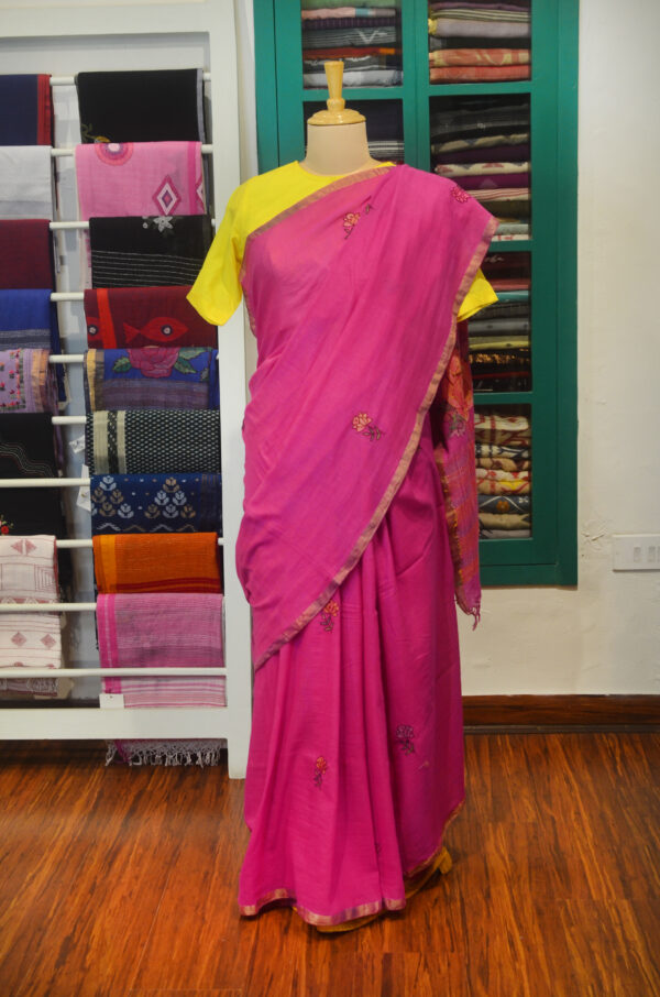 Handspun Handwoven Pink Soft Cotton Kantha Saree - Image 6