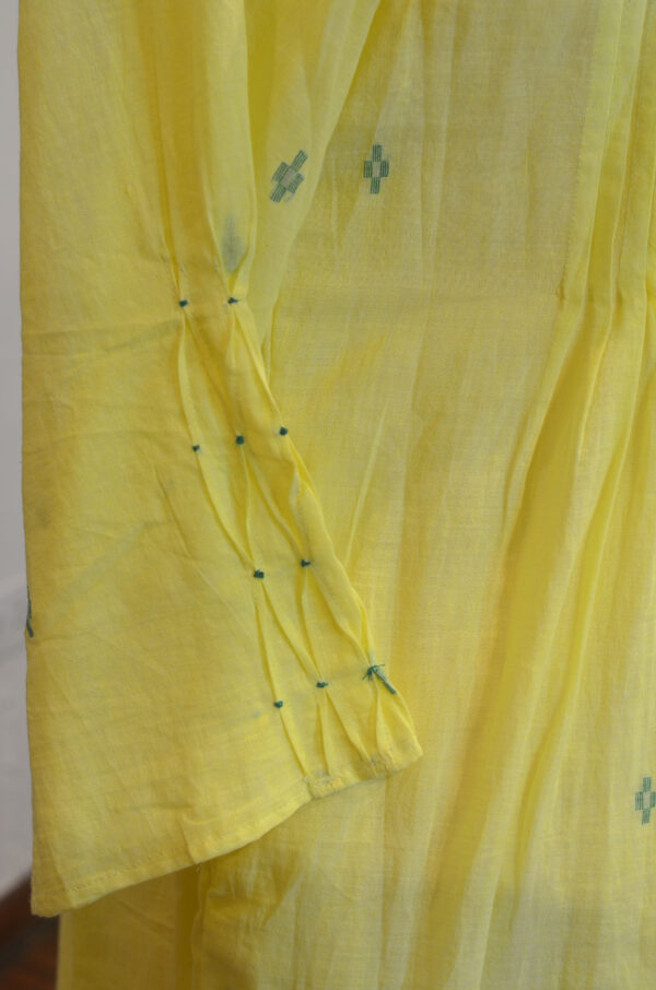 Hand spun Handwoven Pure cotton Jamdani Yellow Round Neck Dress with Lining - Image 7