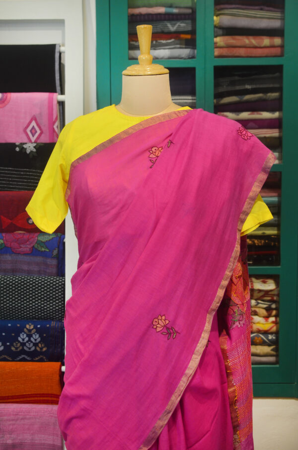 Handspun Handwoven Pink Soft Cotton Kantha Saree - Image 7