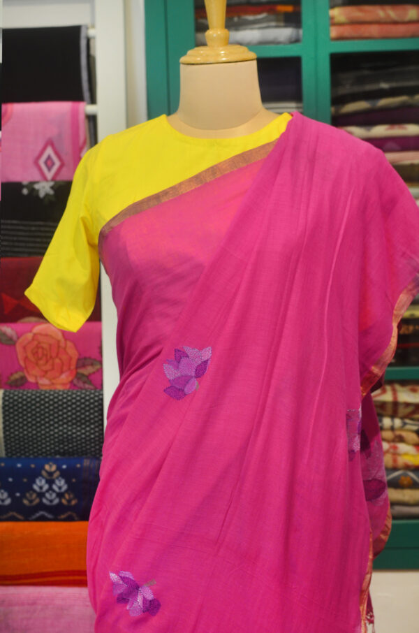 Handspun Handwoven Pink Soft Cotton Kantha Saree - Image 8