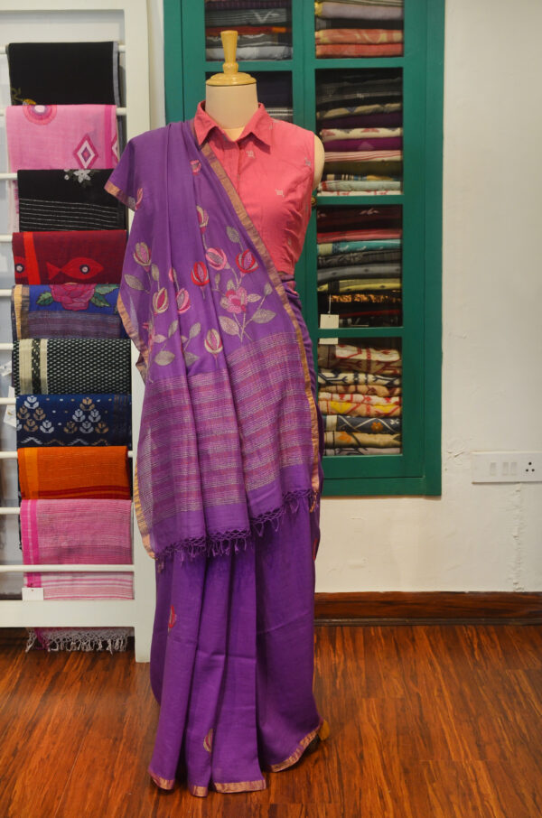 Handspun Handwoven Mauve Soft Cotton Kantha Saree
