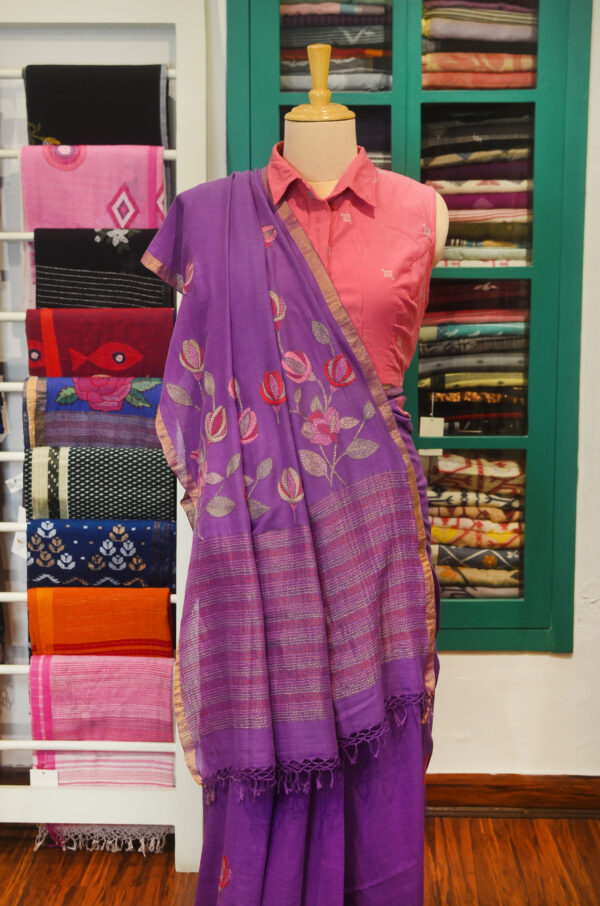 Handspun Handwoven Mauve Soft Cotton Kantha Saree - Image 9