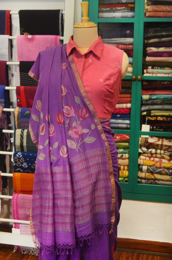 Handspun Handwoven Mauve Soft Cotton Kantha Saree - Image 8