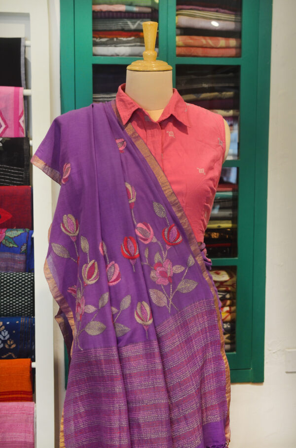Handspun Handwoven Mauve Soft Cotton Kantha Saree - Image 7