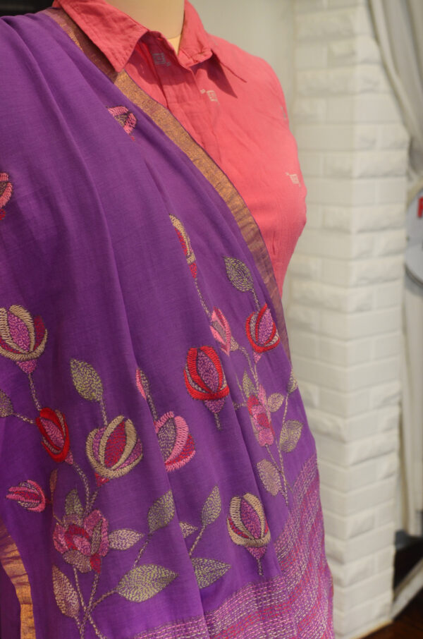 Handspun Handwoven Mauve Soft Cotton Kantha Saree - Image 6