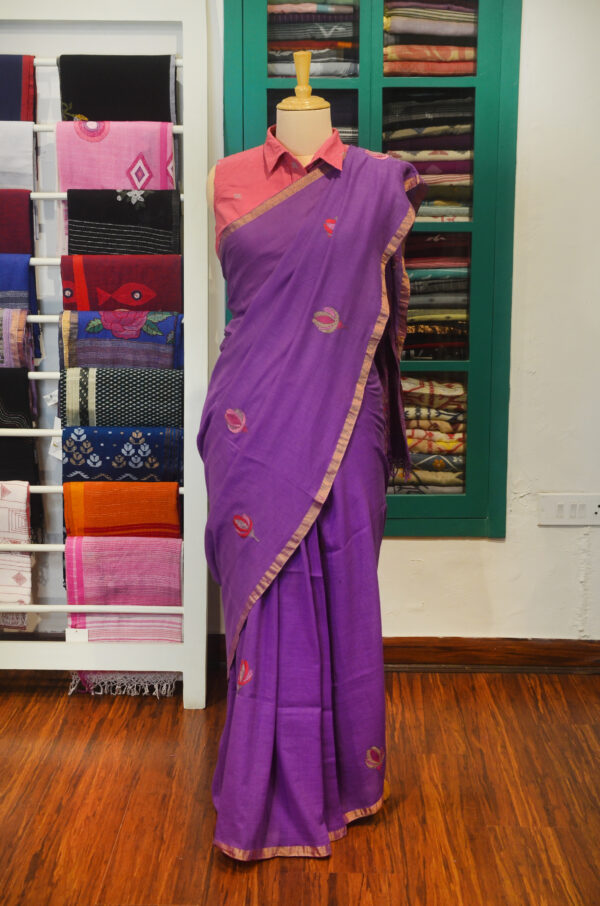 Handspun Handwoven Mauve Soft Cotton Kantha Saree - Image 10