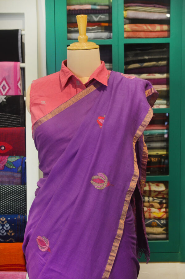 Handspun Handwoven Mauve Soft Cotton Kantha Saree - Image 5
