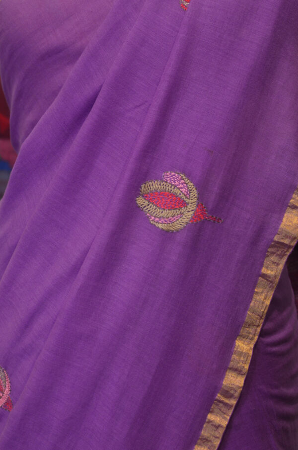 Handspun Handwoven Mauve Soft Cotton Kantha Saree - Image 2
