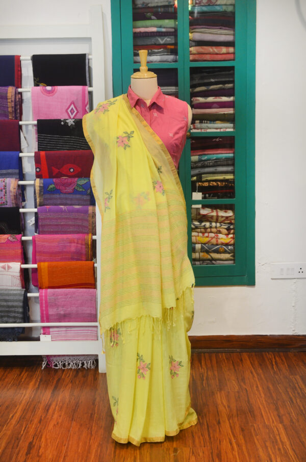 Handspun Yellow Handwoven Soft Cotton Kantha Saree