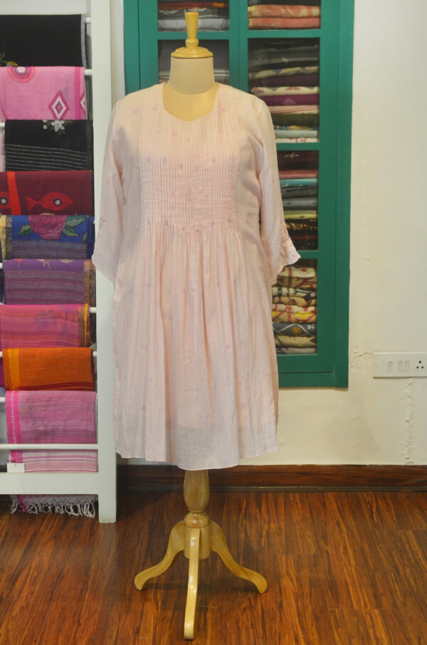 Hand spun Handwoven Pure cotton Jamdani Pink Round Neck Dress with Lining
