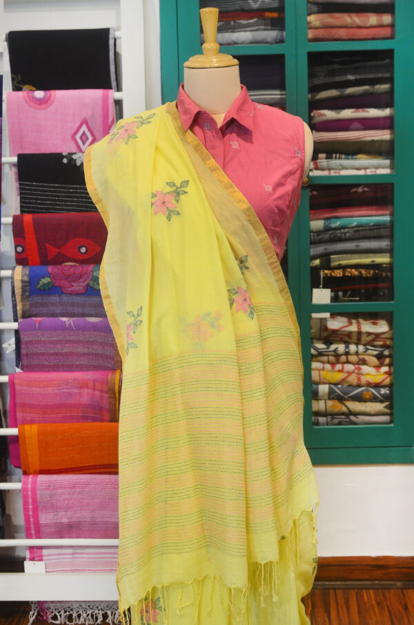 Handspun Yellow Handwoven Soft Cotton Kantha Saree - Image 9