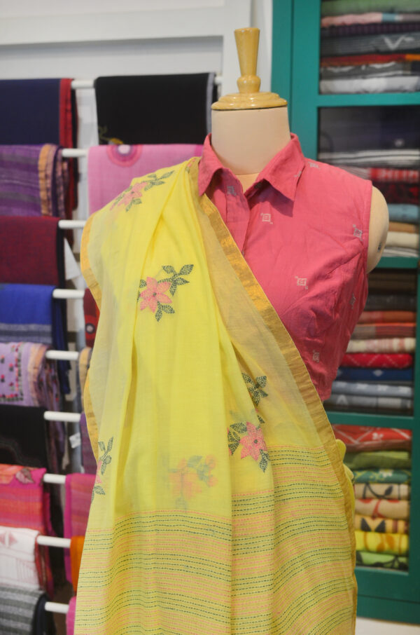 Handspun Yellow Handwoven Soft Cotton Kantha Saree - Image 7