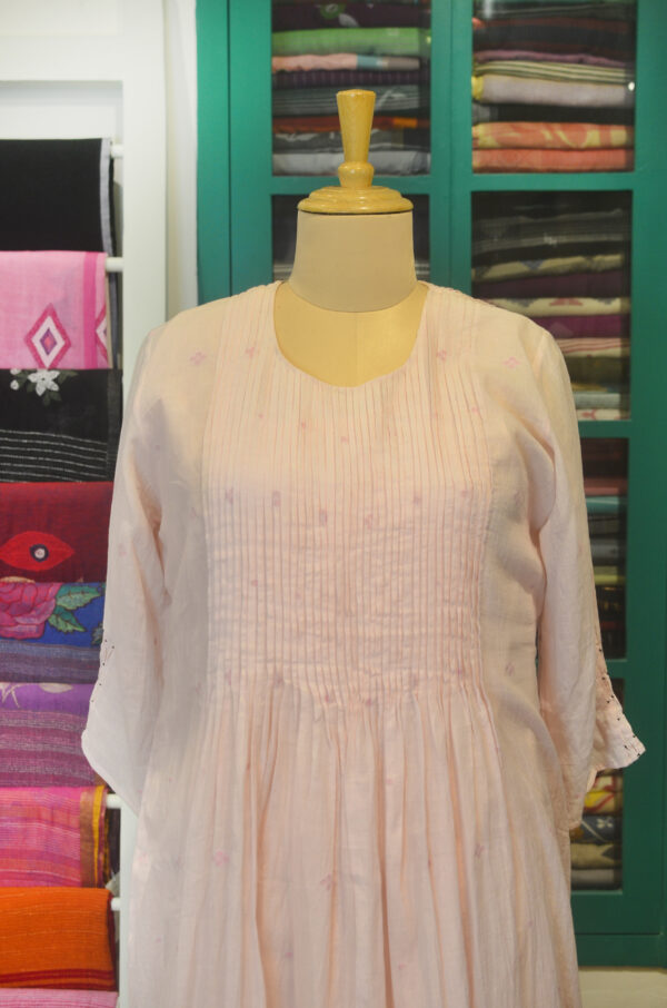 Hand spun Handwoven Pure cotton Jamdani Pink Round Neck Dress with Lining - Image 3