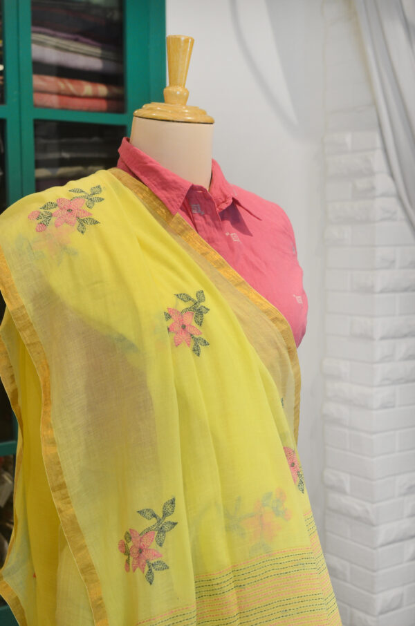 Handspun Yellow Handwoven Soft Cotton Kantha Saree - Image 6