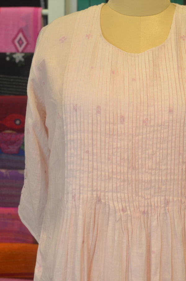 Hand spun Handwoven Pure cotton Jamdani Pink Round Neck Dress with Lining - Image 4