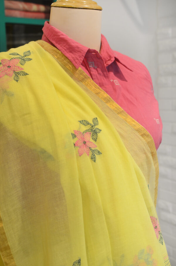 Handspun Yellow Handwoven Soft Cotton Kantha Saree - Image 5