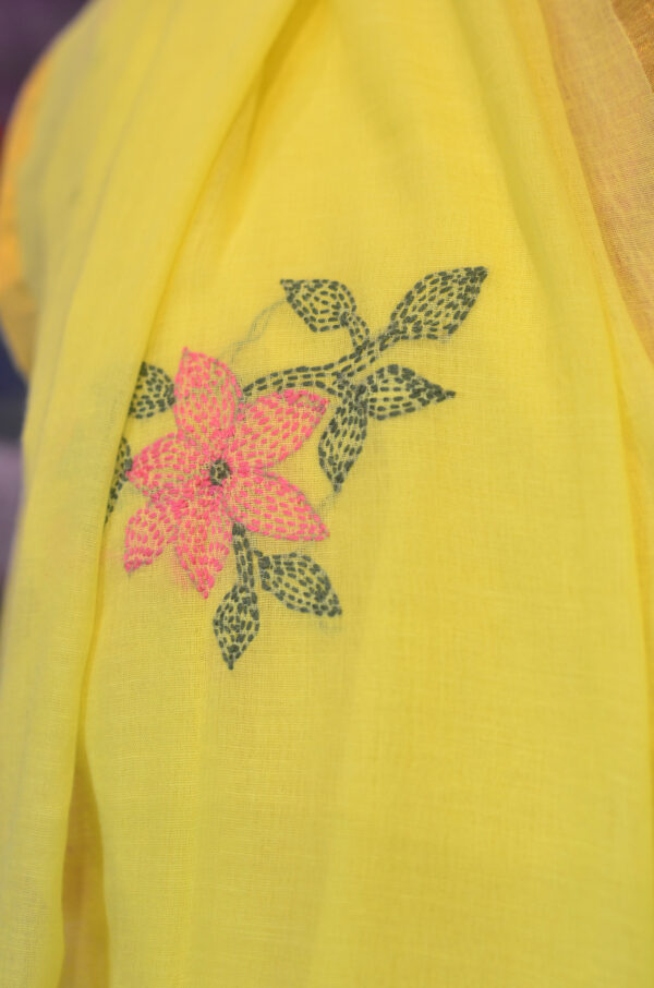 Handspun Yellow Handwoven Soft Cotton Kantha Saree - Image 4