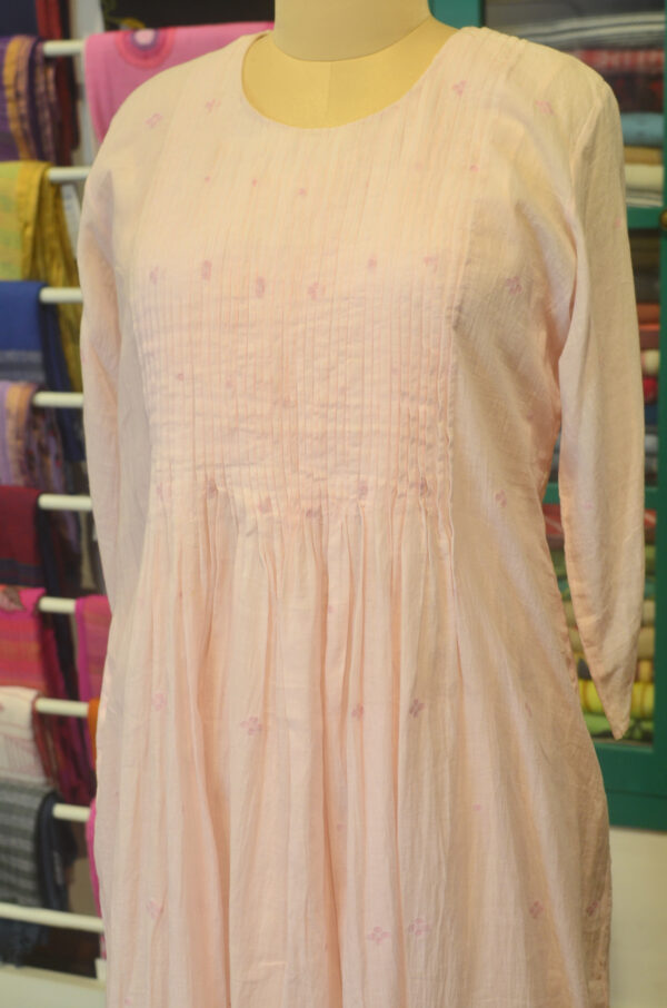 Hand spun Handwoven Pure cotton Jamdani Pink Round Neck Dress with Lining - Image 7