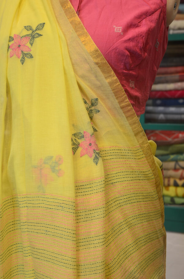 Handspun Yellow Handwoven Soft Cotton Kantha Saree - Image 3