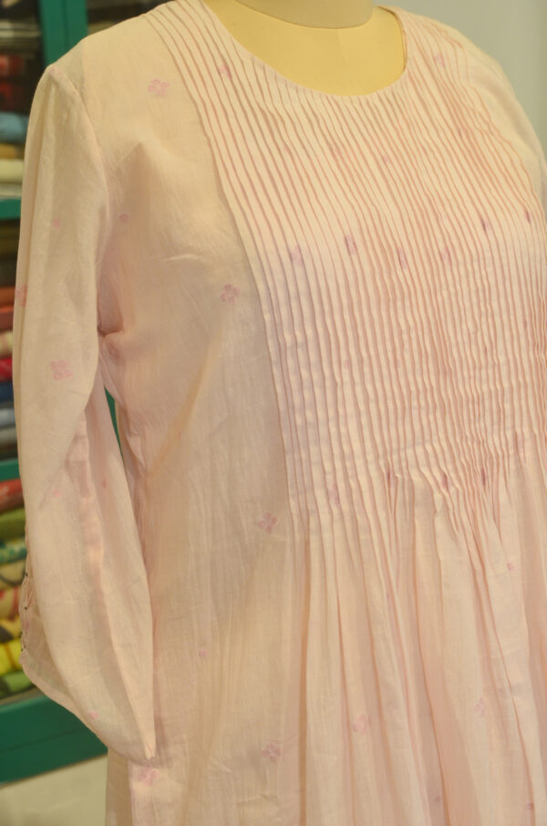 Hand spun Handwoven Pure cotton Jamdani Pink Round Neck Dress with Lining - Image 5