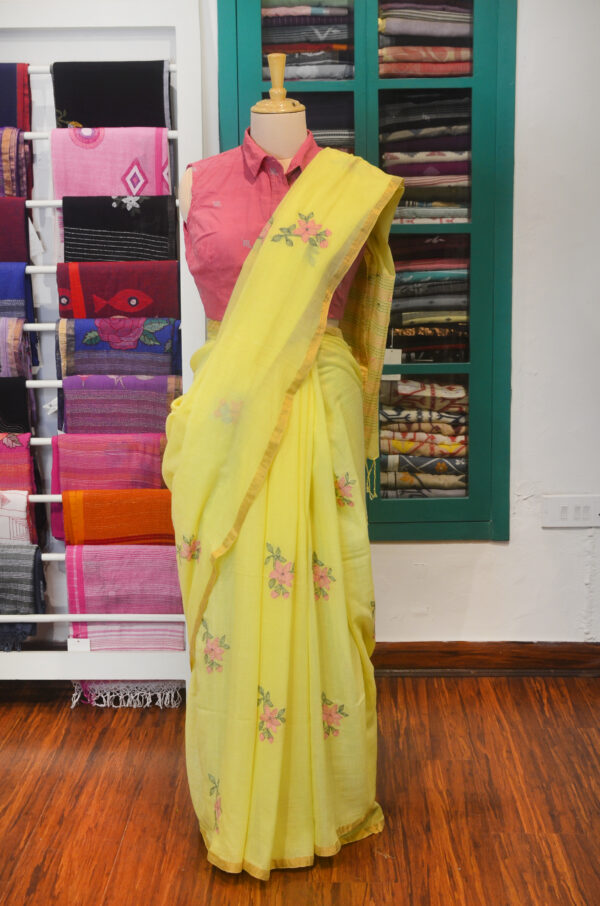 Handspun Yellow Handwoven Soft Cotton Kantha Saree - Image 10