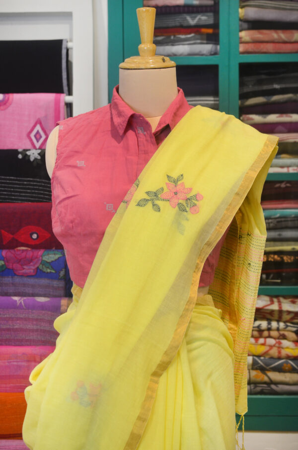 Handspun Yellow Handwoven Soft Cotton Kantha Saree - Image 8