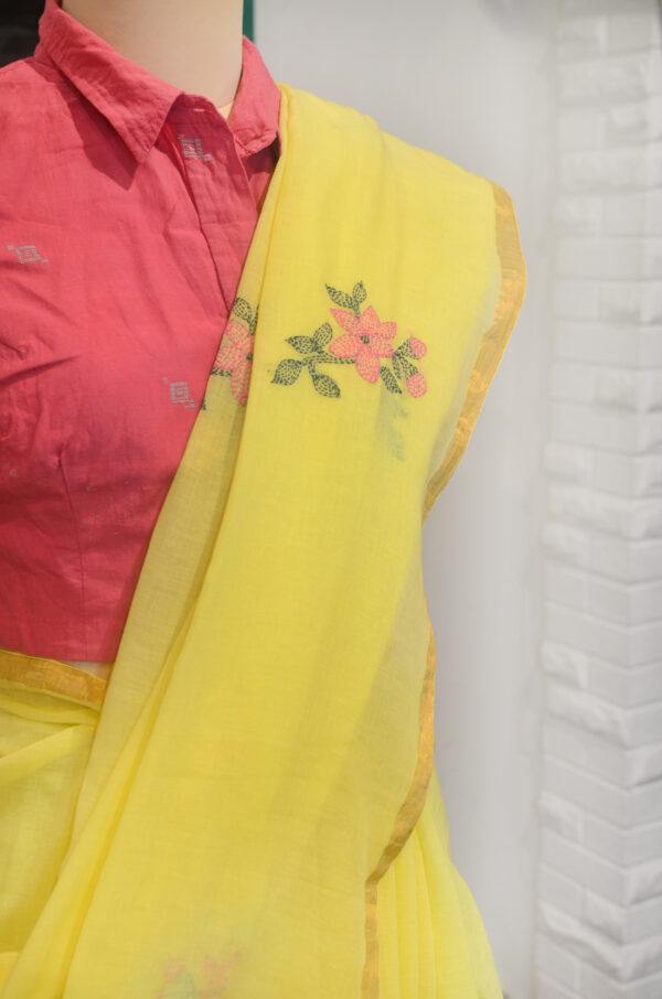 Handspun Yellow Handwoven Soft Cotton Kantha Saree - Image 2