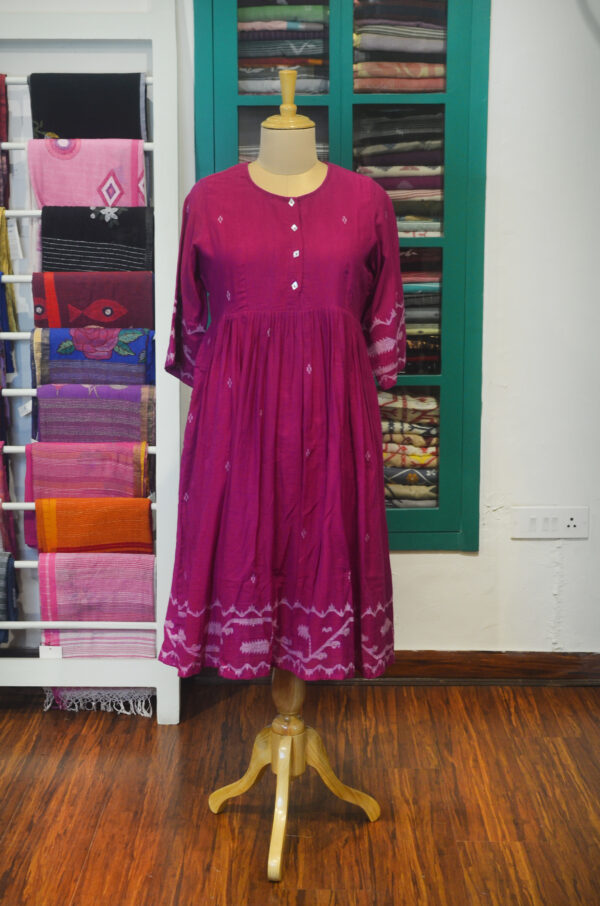 Hand Spun Handwoven Pure Cotton Hot Pink Jamdani Round Neck Dress with Lining