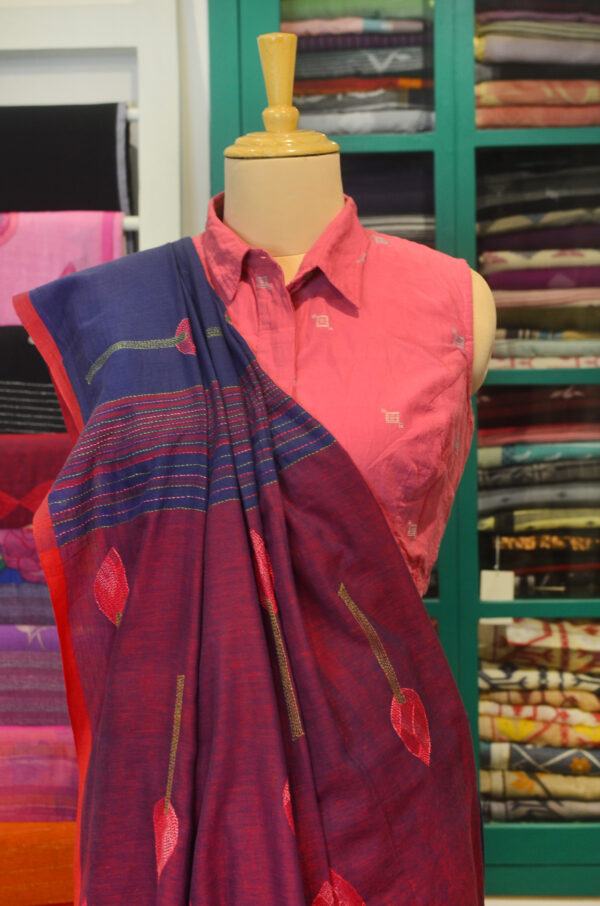 Handspun Handwoven Indigo Soft Cotton Kantha Saree - Image 8