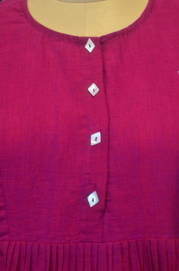 Hand Spun Handwoven Pure Cotton Hot Pink Jamdani Round Neck Dress with Lining - Image 2