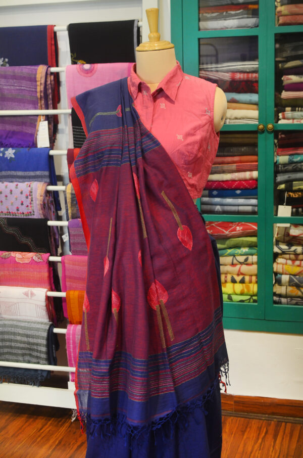Handspun Handwoven Indigo Soft Cotton Kantha Saree - Image 7