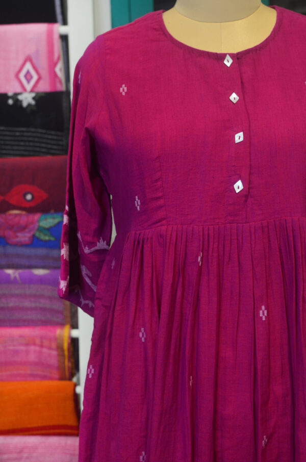 Hand Spun Handwoven Pure Cotton Hot Pink Jamdani Round Neck Dress with Lining - Image 3