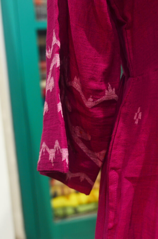 Hand Spun Handwoven Pure Cotton Hot Pink Jamdani Round Neck Dress with Lining - Image 7