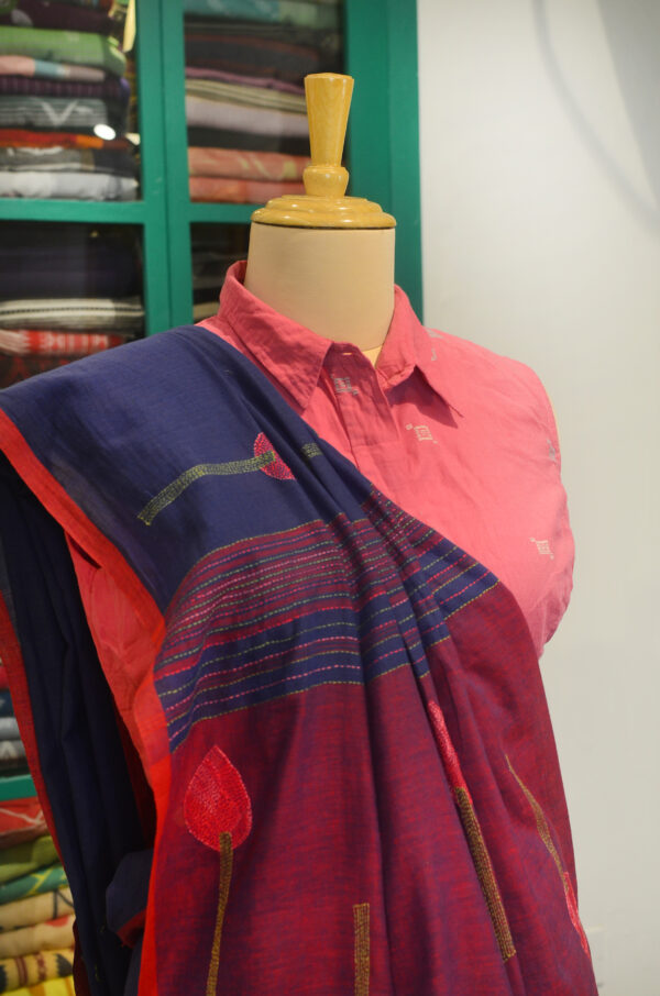 Handspun Handwoven Indigo Soft Cotton Kantha Saree - Image 9