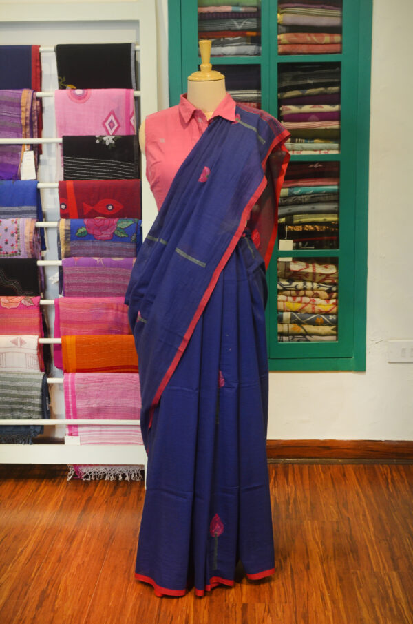 Handspun Handwoven Indigo Soft Cotton Kantha Saree - Image 10