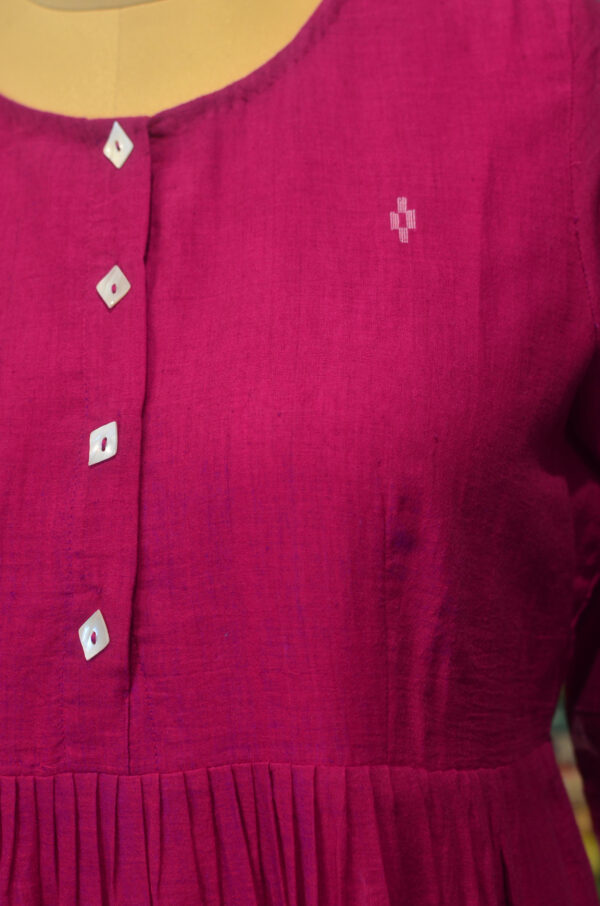 Hand Spun Handwoven Pure Cotton Hot Pink Jamdani Round Neck Dress with Lining - Image 5
