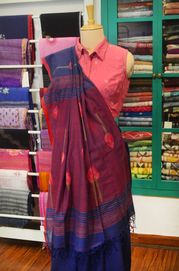 Handspun Handwoven Indigo Soft Cotton Kantha Saree - Image 4