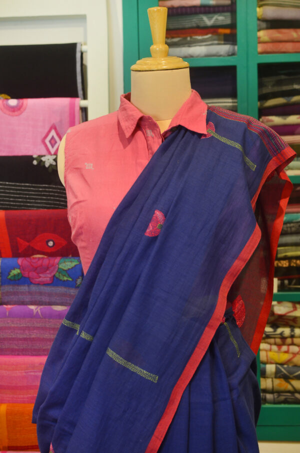 Handspun Handwoven Indigo Soft Cotton Kantha Saree - Image 6