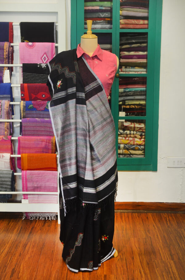 Handspun Handwoven Black Soft Cotton Kantha Saree