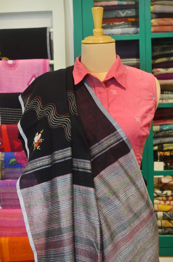 Handspun Handwoven Black Soft Cotton Kantha Saree - Image 9