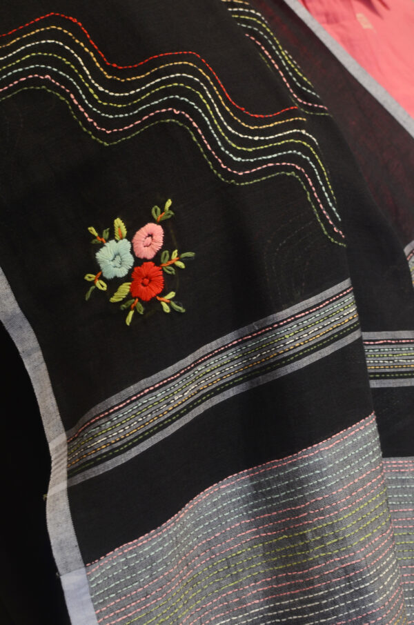 Handspun Handwoven Black Soft Cotton Kantha Saree - Image 8