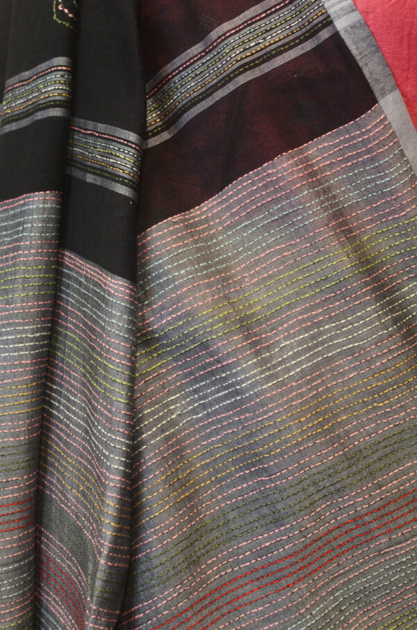 Handspun Handwoven Black Soft Cotton Kantha Saree - Image 7