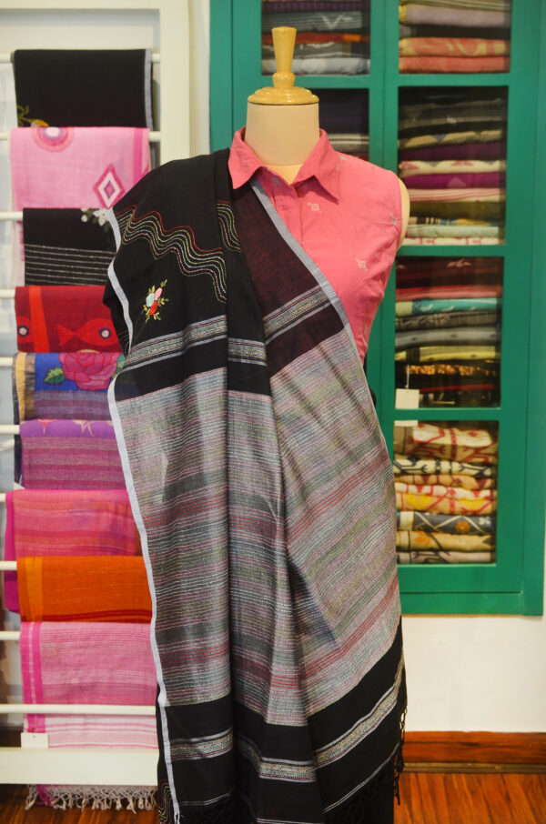 Handspun Handwoven Black Soft Cotton Kantha Saree - Image 6