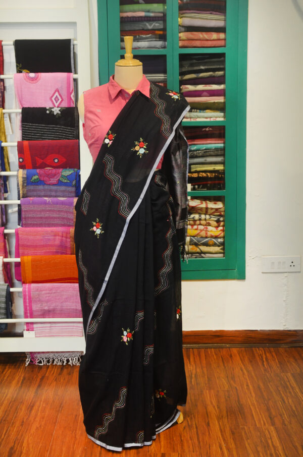 Handspun Handwoven Black Soft Cotton Kantha Saree - Image 2