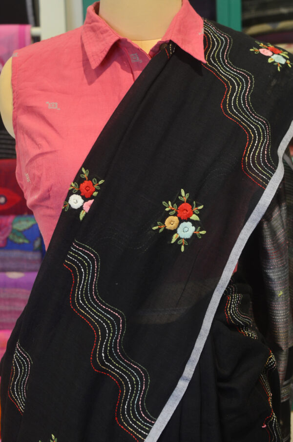Handspun Handwoven Black Soft Cotton Kantha Saree - Image 5